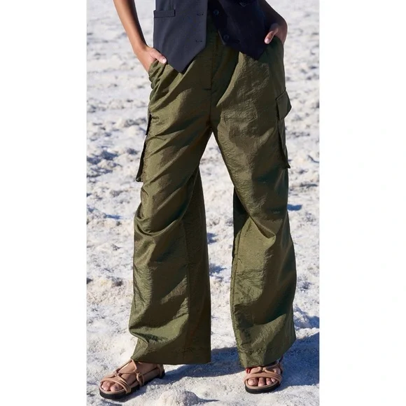 Tibi Stella Crispy Nylon Pleated Cargo Pant (Sz 12 Hemmed) Wide Leg Army Green - Picture 4 of 16